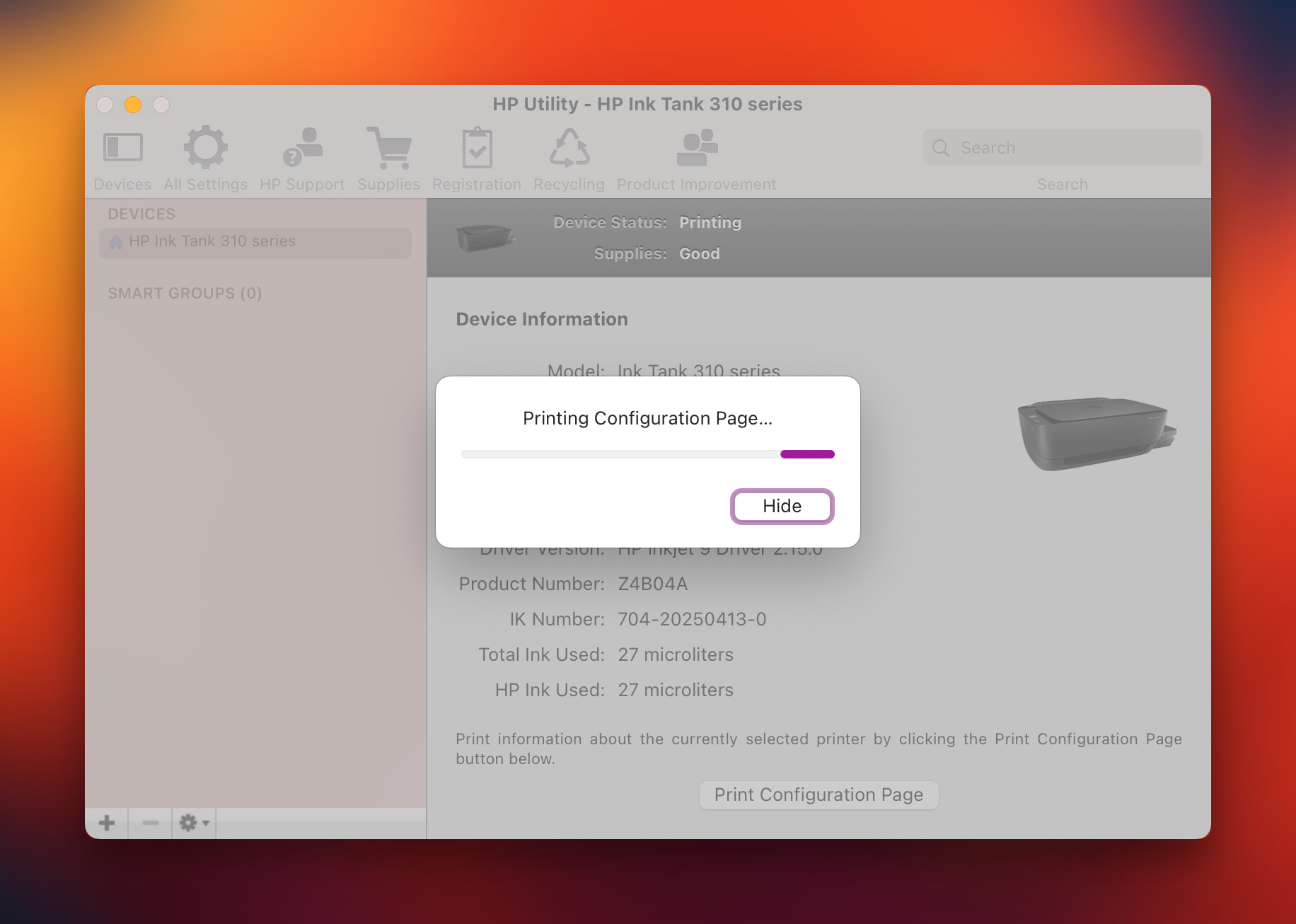 Print a test page using ‘Print Configuration Page’