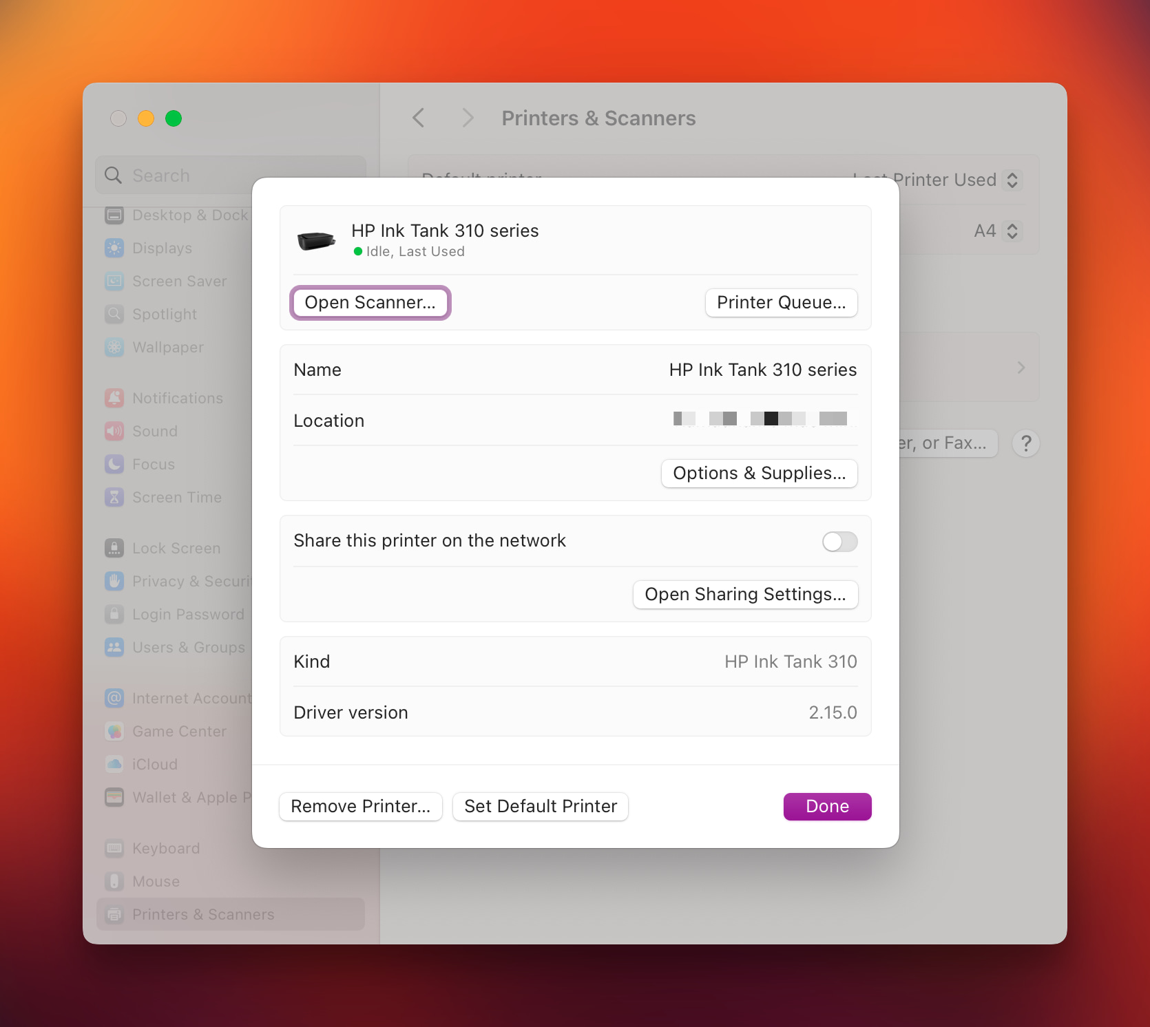 Select the printer and click Options & Supplies…